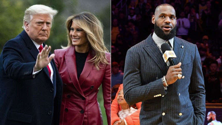 Left: Melania Trump smiles at waving Donald Trump, Right: LeBron James speaking into microphone