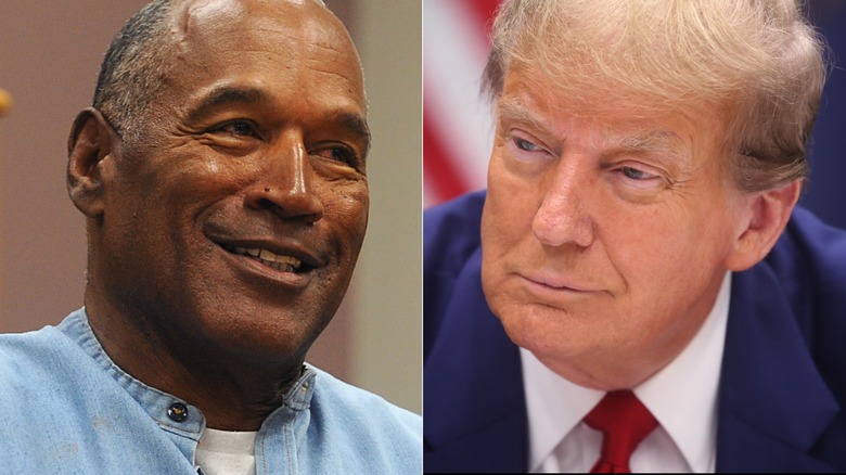 Left: O.J. Simpson smiling, looking left, Right: Donald Trump smiling, looking right