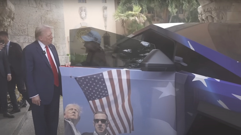 Donald Trump being gifted a custom Cybertruck