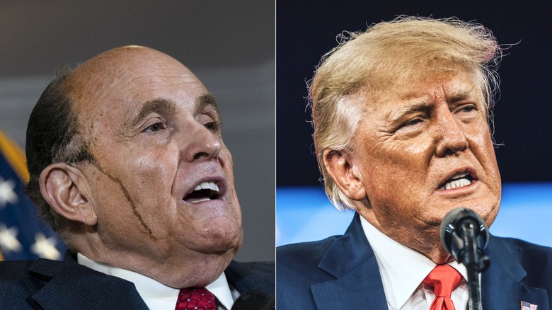 Rudy Giuliani at a press conference in 2020/Donald Trump giving a speech