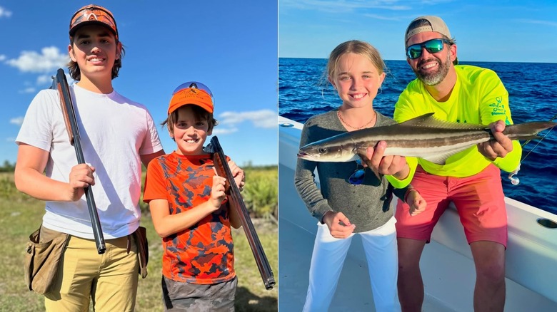 Donald III and Spencer Trump with hunting rifles; Chloe and Don Jr. on boat with fish