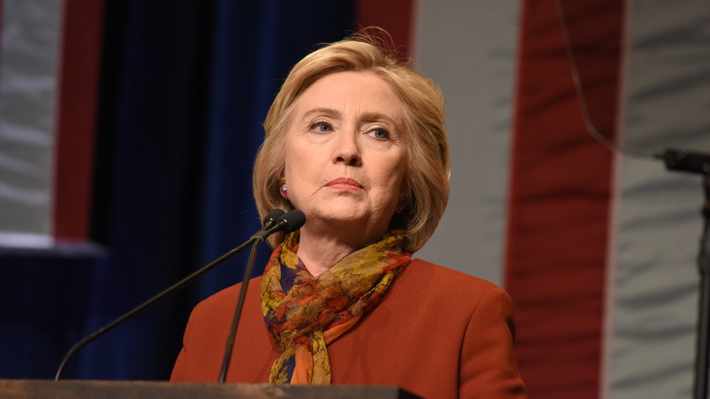 Hillary Clinton looking sternly away from camera