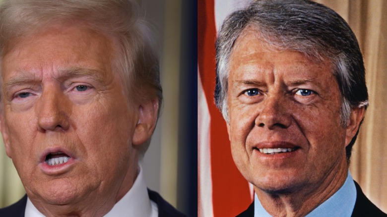 Jimmy Carter smiling while Donald trump is speaking