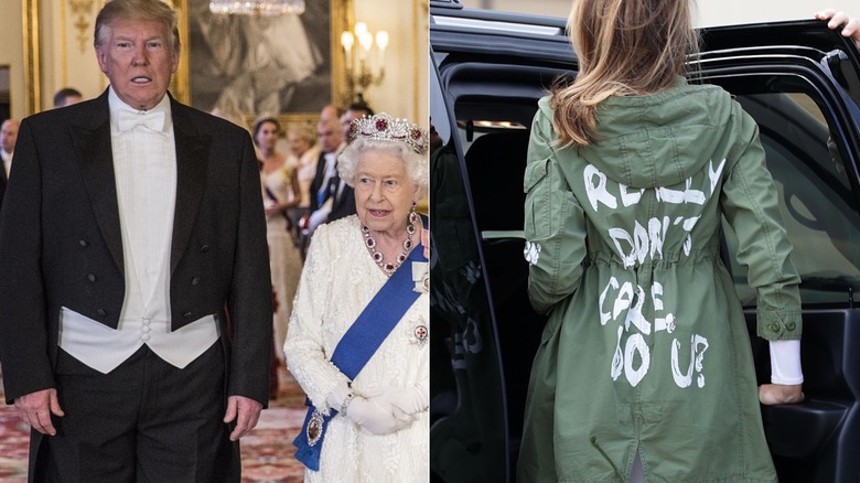 Donald Trump tuxedo with Queen Elizabeth/Melania Trump I really don't care coat