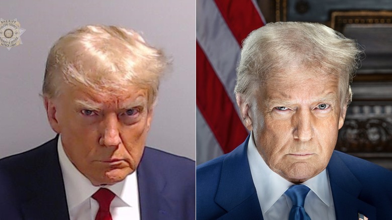 Side-by-side comparison of president-elect Donald Trump's mugshot and inaugural portrait