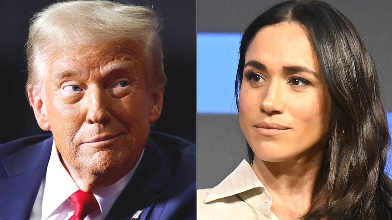 Donald Trump smirking and looking left/Meghan Markle looking right