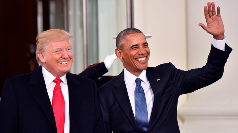 Donald Trump and Barack Obama wave before inauguration 2017