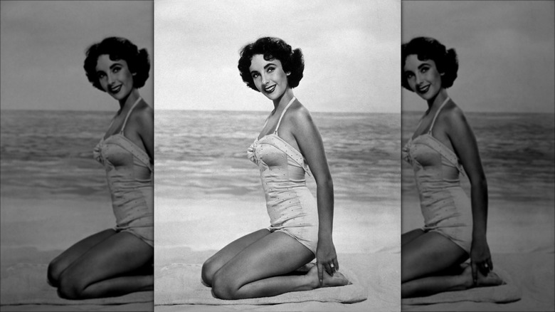 Elizabeth Taylor posing in bathing suit