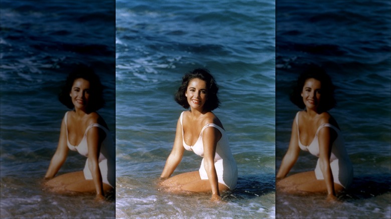 Elizabeth Taylor on set in bathing suit