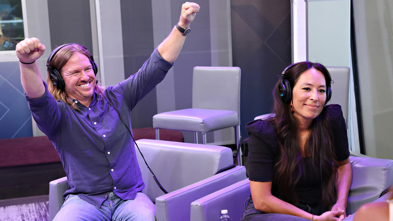 Chip and Joanna Gaines recording a podcast