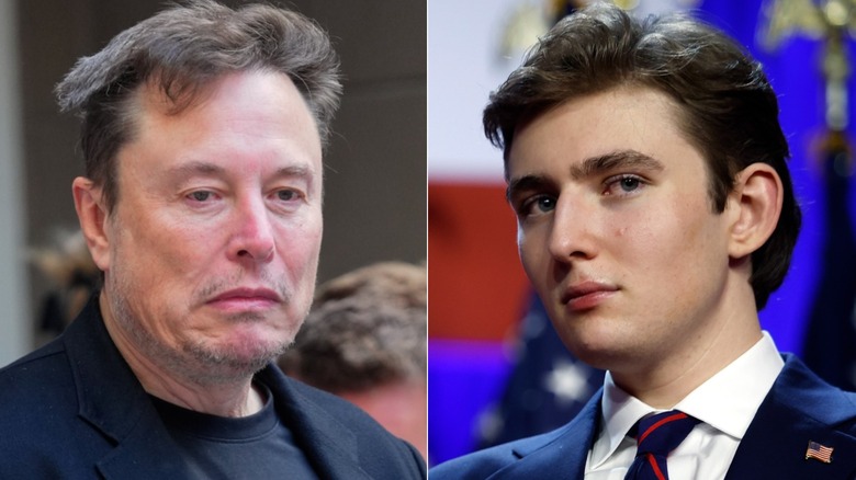 Split image of Elon Musk and Barron Trump looking grumpy