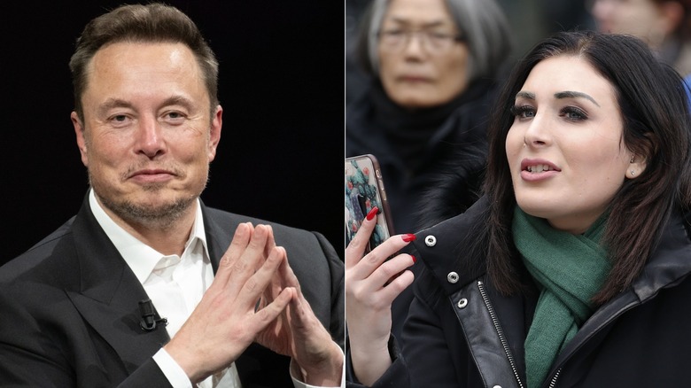 Split image of Elon Musk smiling and Laura Loomer holding a phone