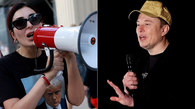 Split image of Laura Loomer speaking into a megaphone and Elon Musk speaking at an event