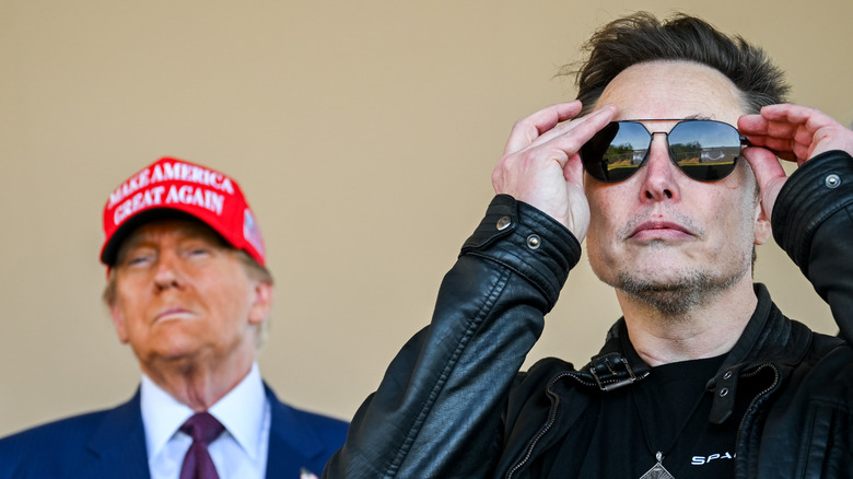 Elon Musk wearing sunglasses with Donald Trump standing behind him in a MAGA hat