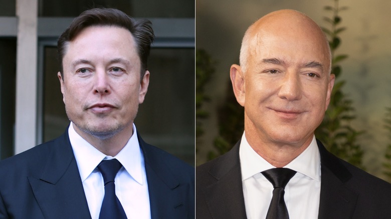 A side-by-side collage of Elon Musk and Jeff Bezos in black jackets and ties