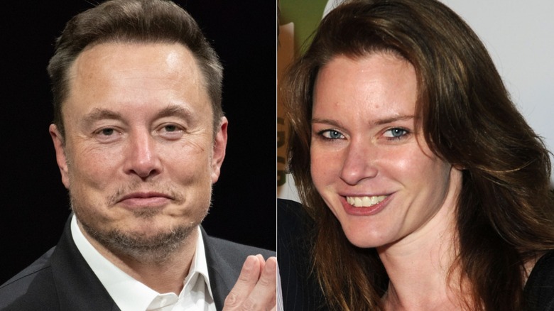 (Left) Elon Musk smiling in black suit & (right) Justine Musk smiling with wavy brunette hair