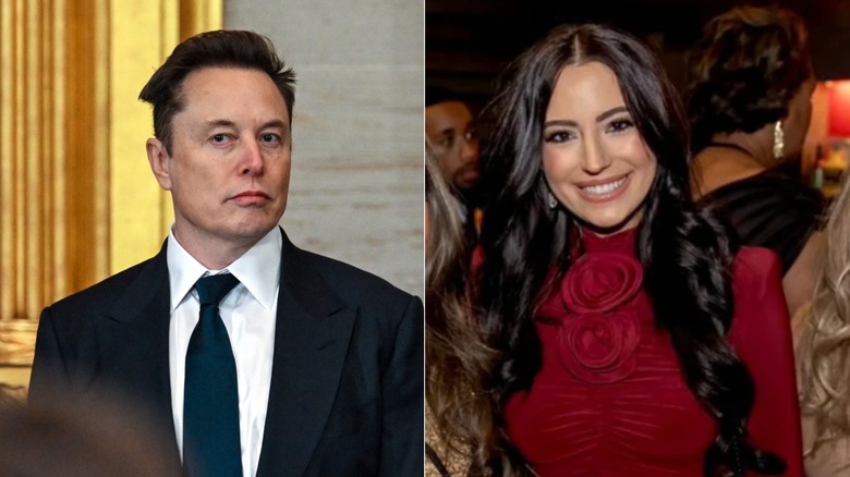 (Left) Elon Musk wearing a black suit and navy tie with a straight face & (right) Ashley St. Clair dressed up for a social event