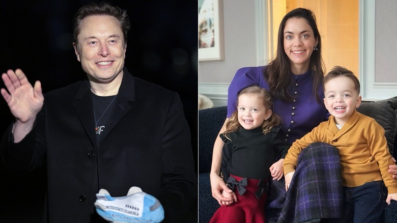 (L) Elon Musk waving with a plane toy & (R) Shivon Zilis smiling with her two kids