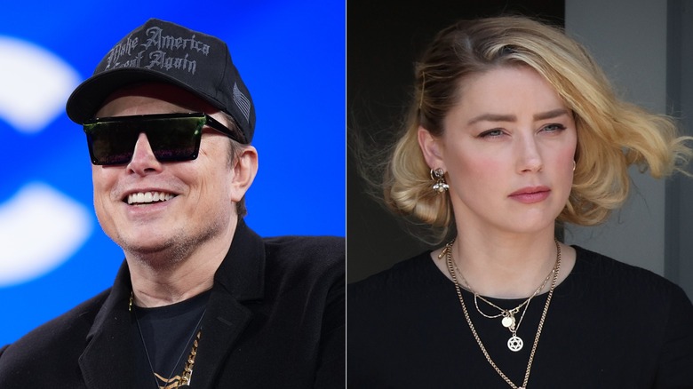 (L) Elon Musk sitting down with glasses on & (R) Amber Heard walking out with the sheriff