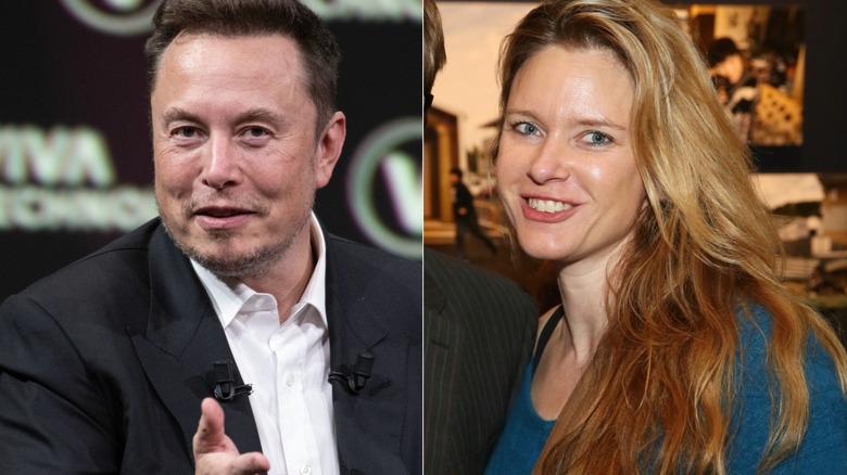 (L) Elon Musk at a speech & (R) Justine Musk taking a picture with her husband