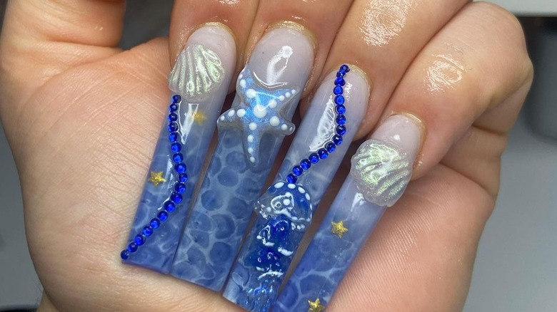 Glossy 3D sea life acrylic nails