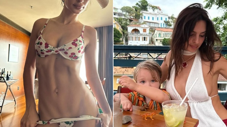 Emily Ratajkowski in a bikini and with her son