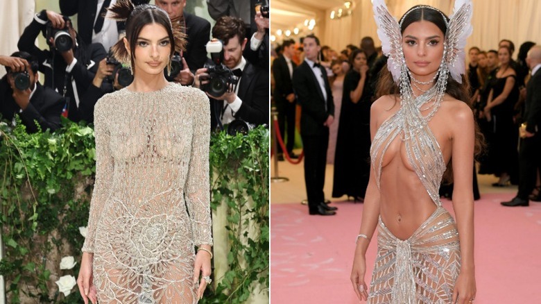 Emily Ratajkowski in sheer dresses at the Met gala in 2024 and 2019