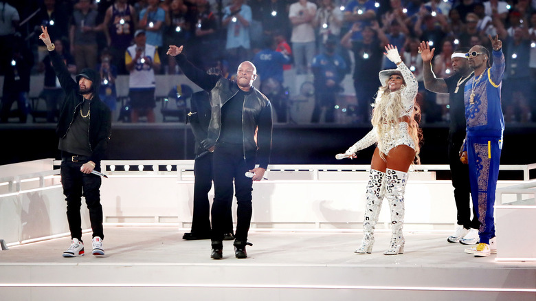 Eminem, Dr. Dre, Mary J. Blige, 50 Cent, and Snoop Dogg perform during the Pepsi Super Bowl LVI Halftime Show at SoFi Stadium .