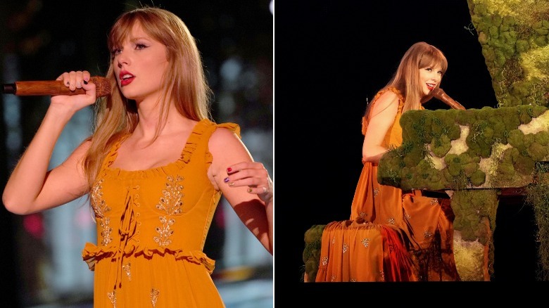 Taylor Swift signing on stage in gold dress