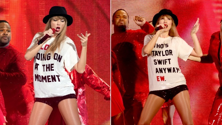 Taylor Swift singing in black hat and t-shirt