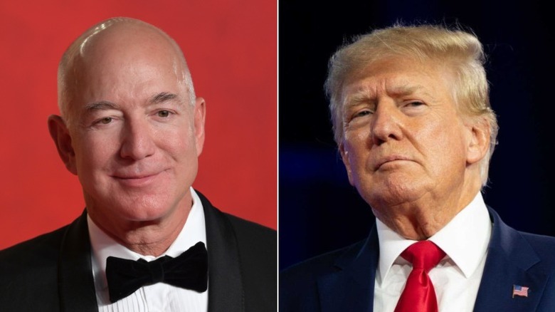 Split image of Jeff Bezos smiling and Donald Trump staring