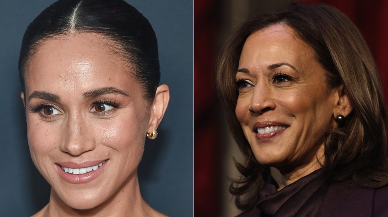 Close up shots of Meghan Markle and Kamala Harris smiling