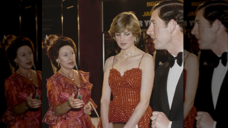 Princess Margaret talking to King Charles and Princess Diana