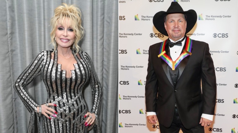 Dolly Parton and Garth Brooks smiling at events