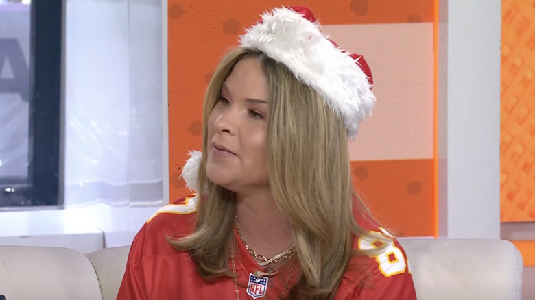 Jenna Bush Hager wearing Santa hat and Kansas City Chiefs jersey