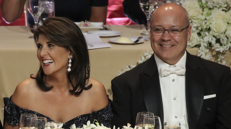 Nikki and Michael Haley smiling at a dinner