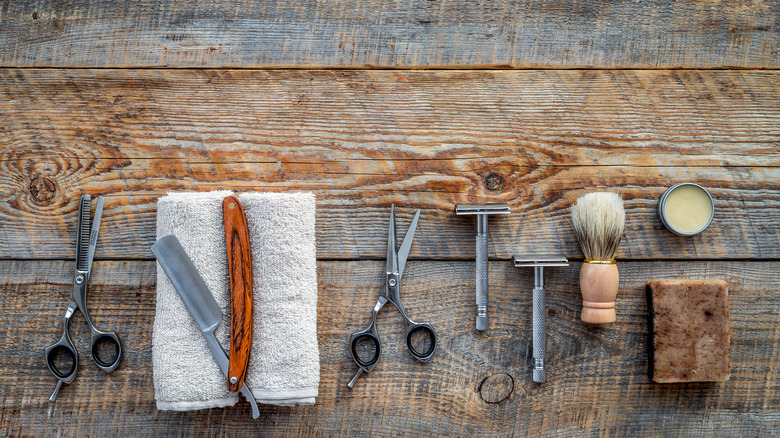 Overhead shot of men's shaving and haircut equipment