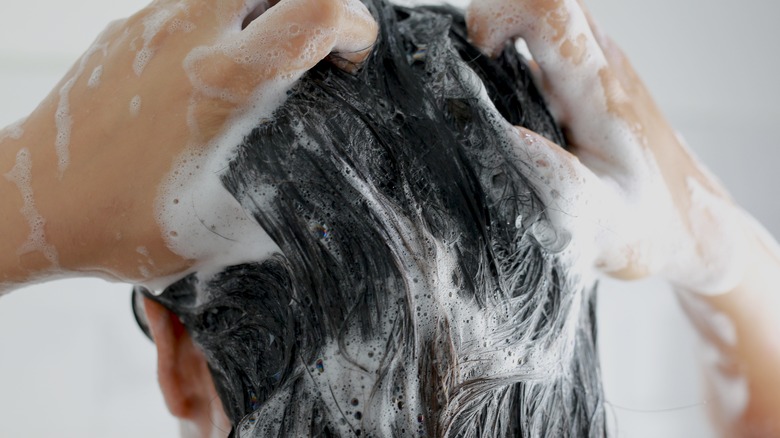 Woman washing hair shampoo