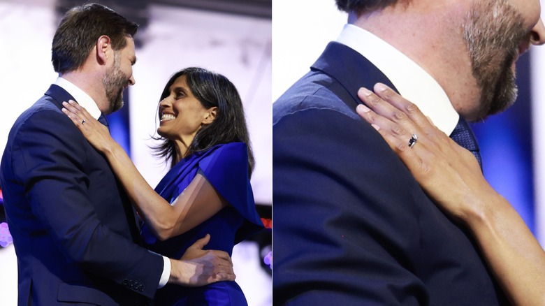 Usha Vance places her engagement ring-clad left hand on husband JD Vance's shoulder