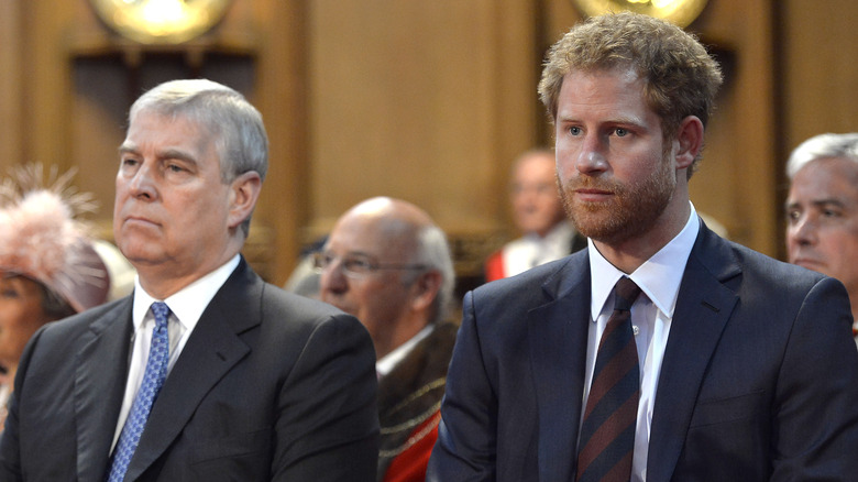 Prince Andrew and Prince Harry look despondent at an event