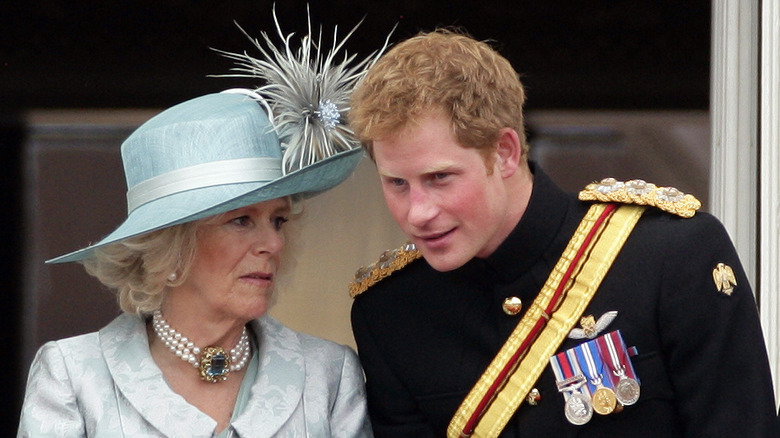 Queen Consort Camilla Parker Bowles telling Prince Harry something