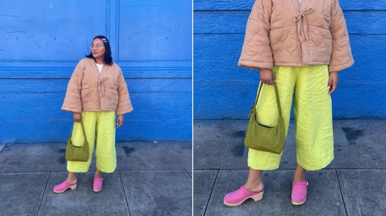 Woman wearing pink clogs