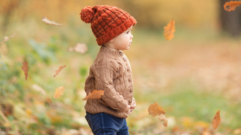 baby in red hat surrounded by leaves