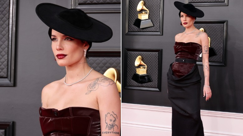 Halsey wearing a black hat with a dark gown