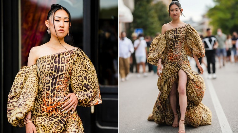 Jaime Xie in an animal print gown 