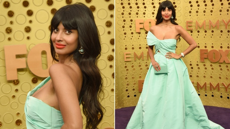 Jameela Jamil in a mint green gown smiling