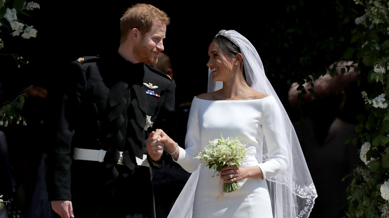 Prince Harry and Meghan Markle smile after wedding