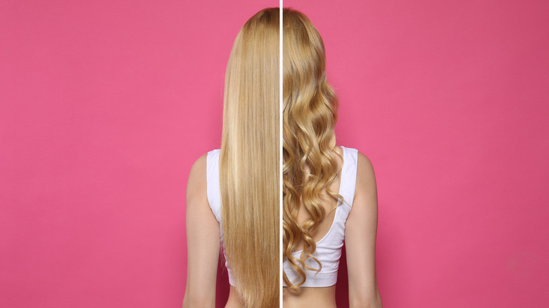 Half woman's hair curly, half straight