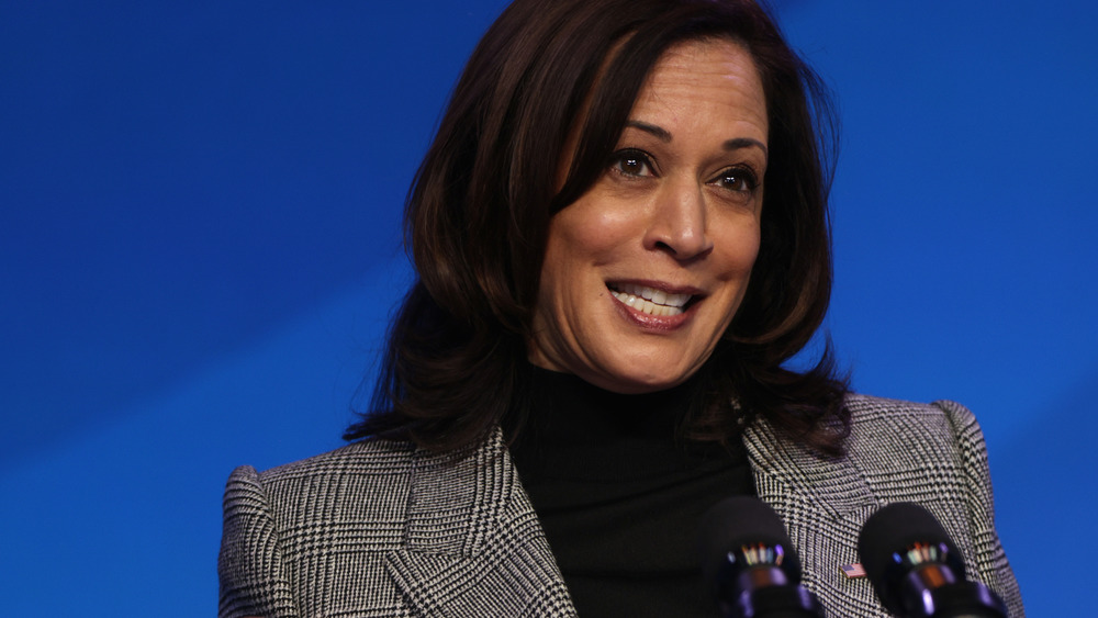 Kamala Harris in houndstooth and black turtleneck