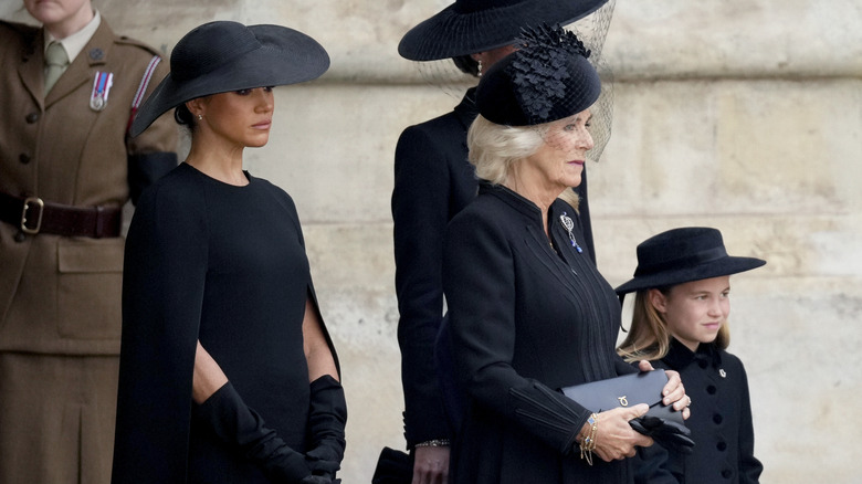 Meghan Markle, Duchess of Sussex, Queen consort Camilla, Princess Charlotte at Queen Elizabeth's funeral